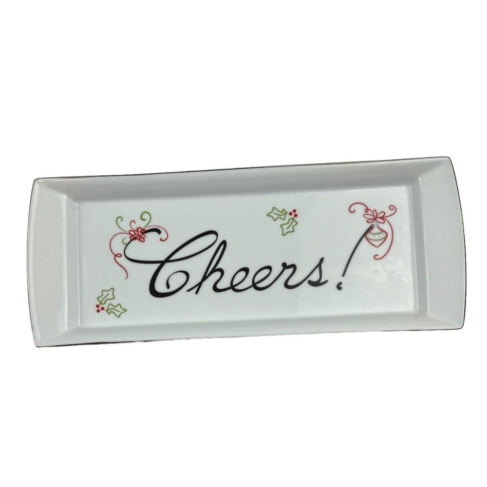 St Nicholas Square Tray 13" Tis The Season " Cheers" Holly White Rectangular